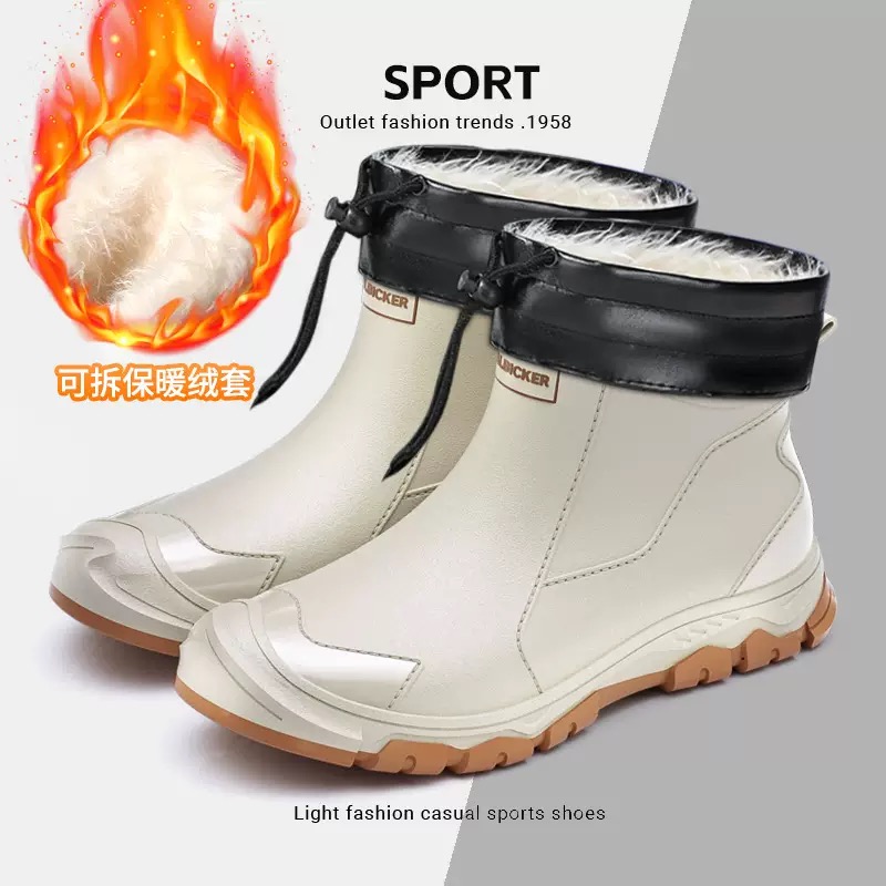Fishing Boots - รองเท้ากันฝนผู้ชายแบบกันน้ำ แฟชั่นถุงเท้าสั้น หนา อุ่น ยางกันลื่น สำหรับทำงาน