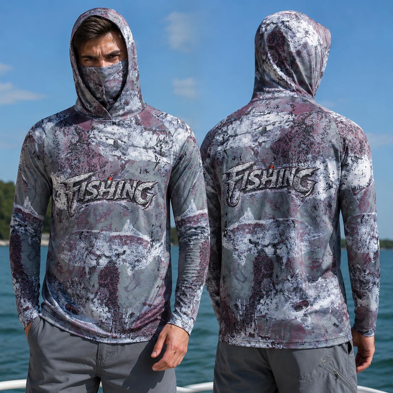 Fishing Mask Sun Protection - เสื้อตกปลาแบบมีฮู้ดสำหรับผู้ชาย เสื้อผ้าตกปลา แขนยาว เสื้อคลุมกันแดดสำหรับฤดูร้อน ป้องกันแสงแดด เสื้อเจอร์ซีย์ประสิทธิภาพสูง