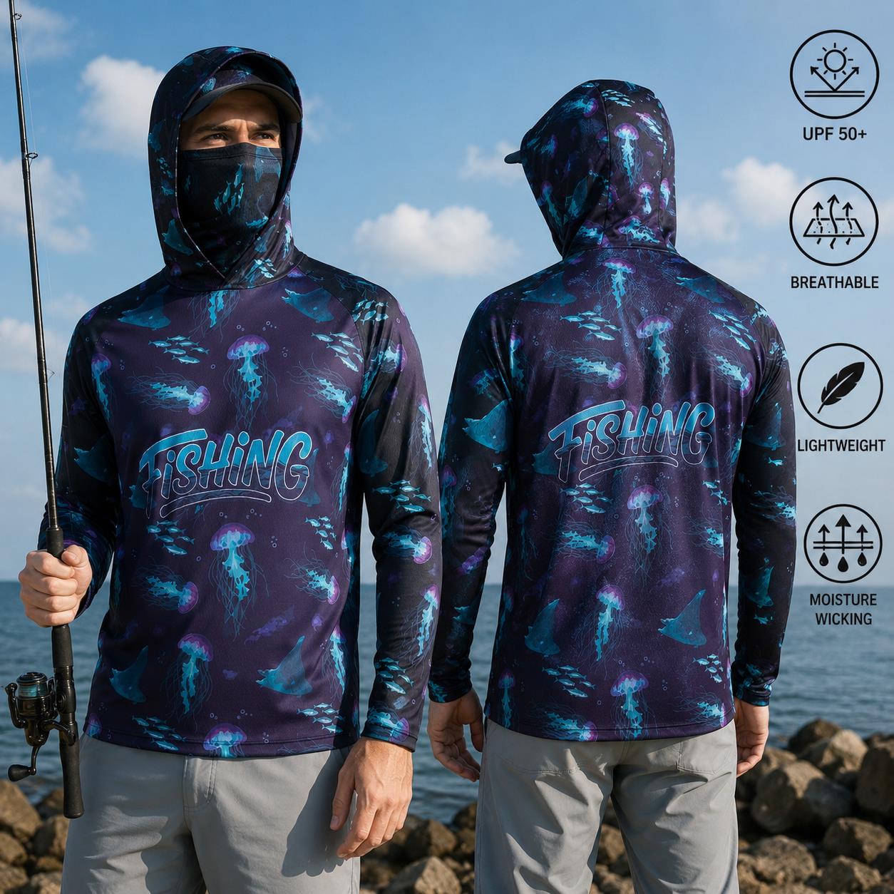 เสื้อตกปลาแบบมีฮู้ดสำหรับผู้ชา - Fishing Mask Sun Protection บทวิจารณ์และราคา